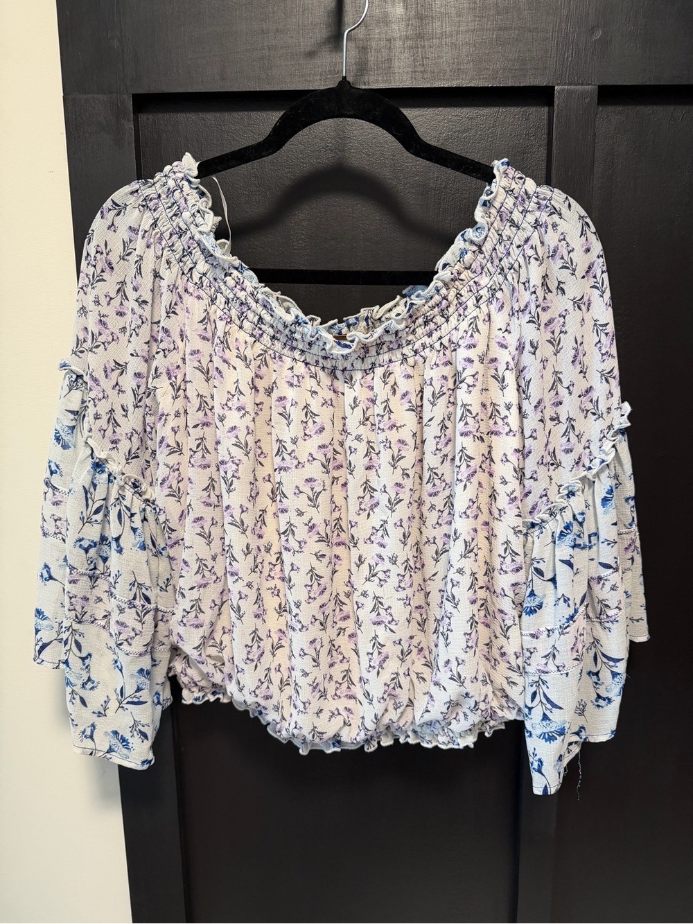 Free People Floral Smocked Off-Shoulder Top in White, Blue & Lavender